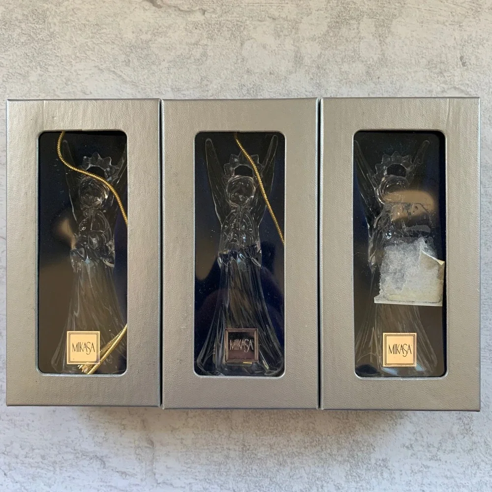 Mikasa Heavenly Music Trumpeting Angel Ornament Set of 3 Crystal with Gold Chain